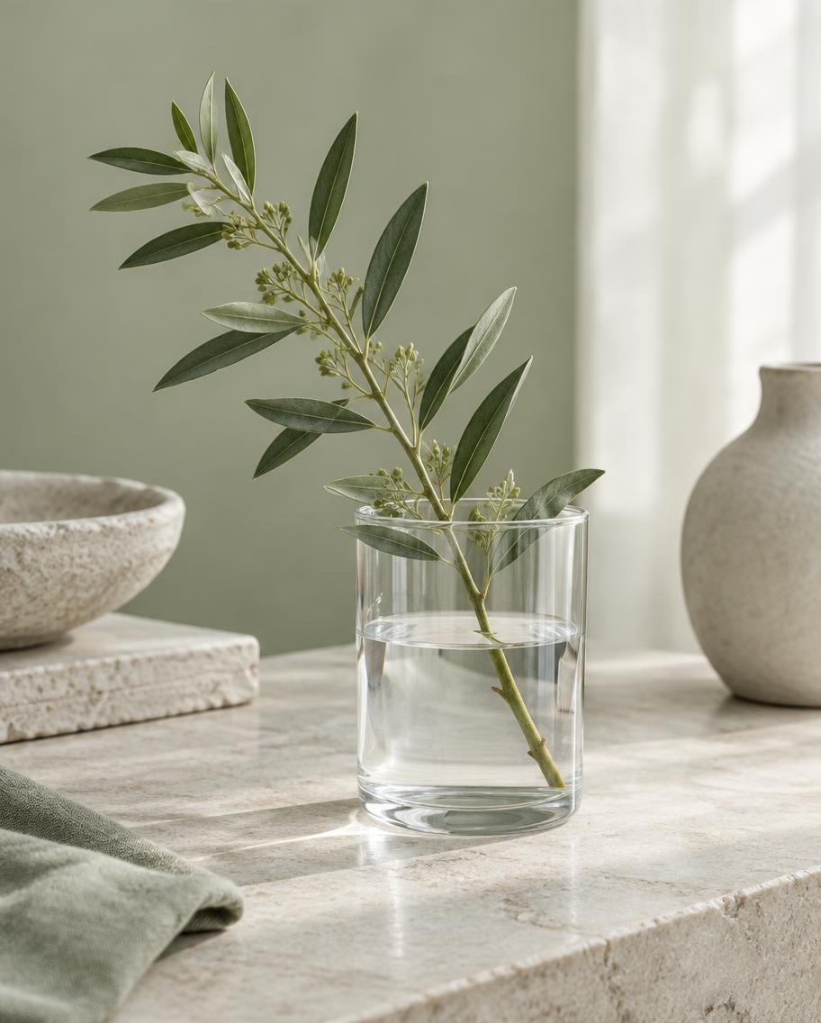 A botanical sprig in a glass of water on a pale stone surface