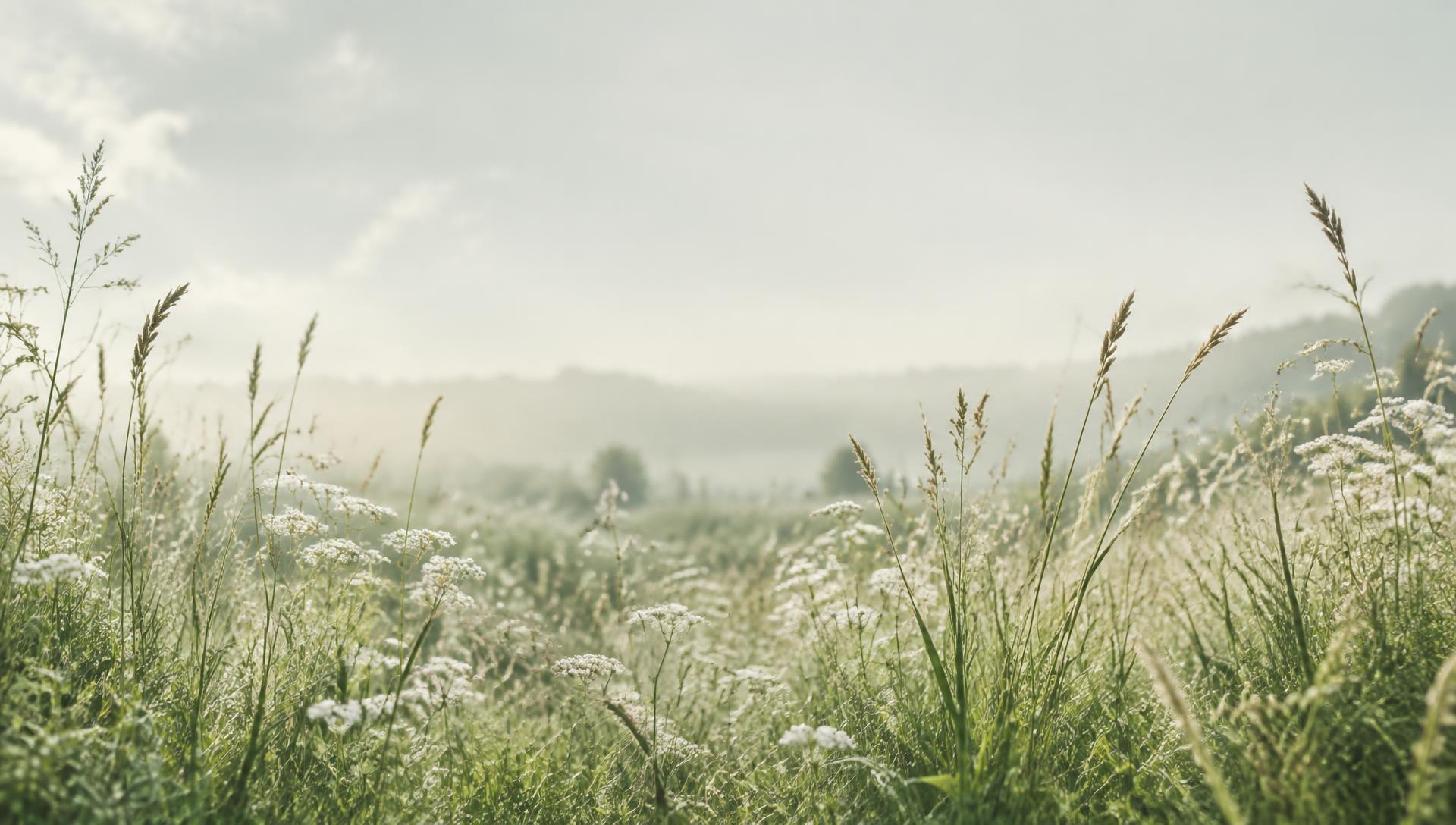 Tall meadow grasses and white wildflowers in soft morning light