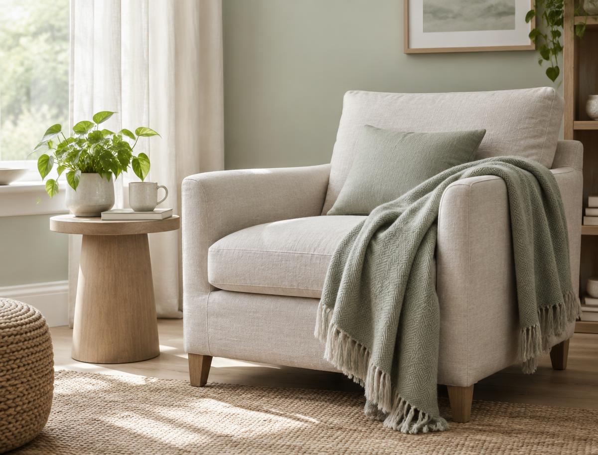 A linen armchair with a soft throw in gentle daylight
