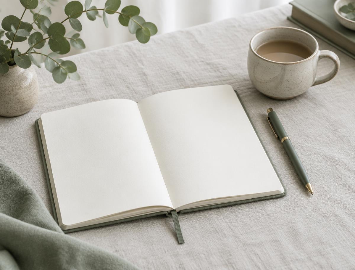 An open blank notebook beside a pen and a ceramic cup