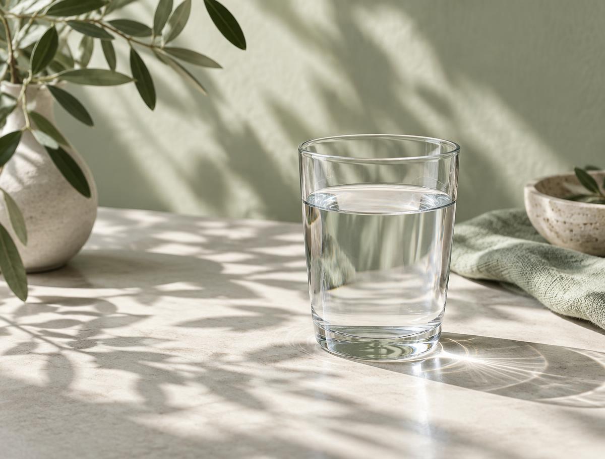 A glass of water with leaf shadows across a pale surface