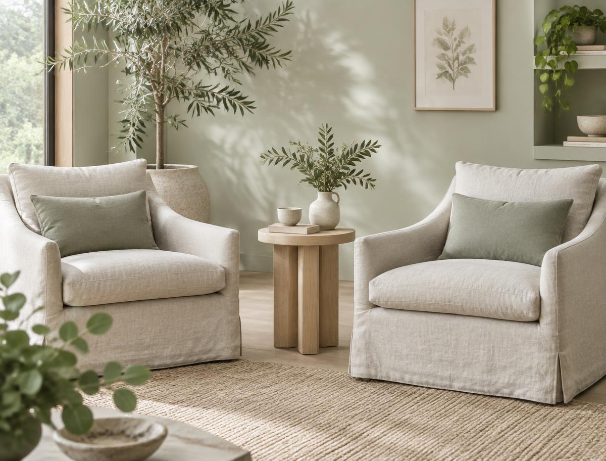 Two linen lounge chairs beside a light timber side table