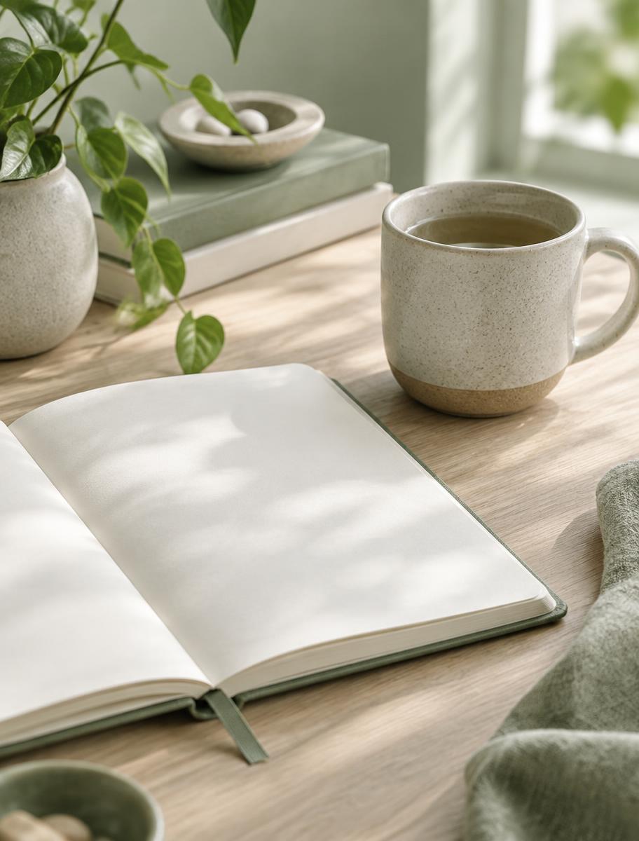 A blank notebook and a ceramic cup on a calm sunlit desk
