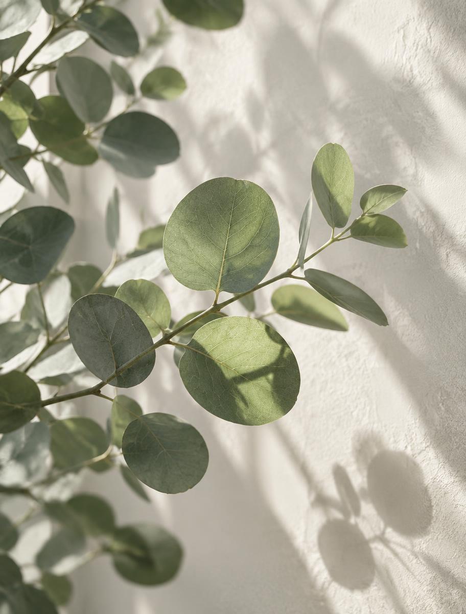 Daylight through eucalyptus leaves against an off-white plaster wall