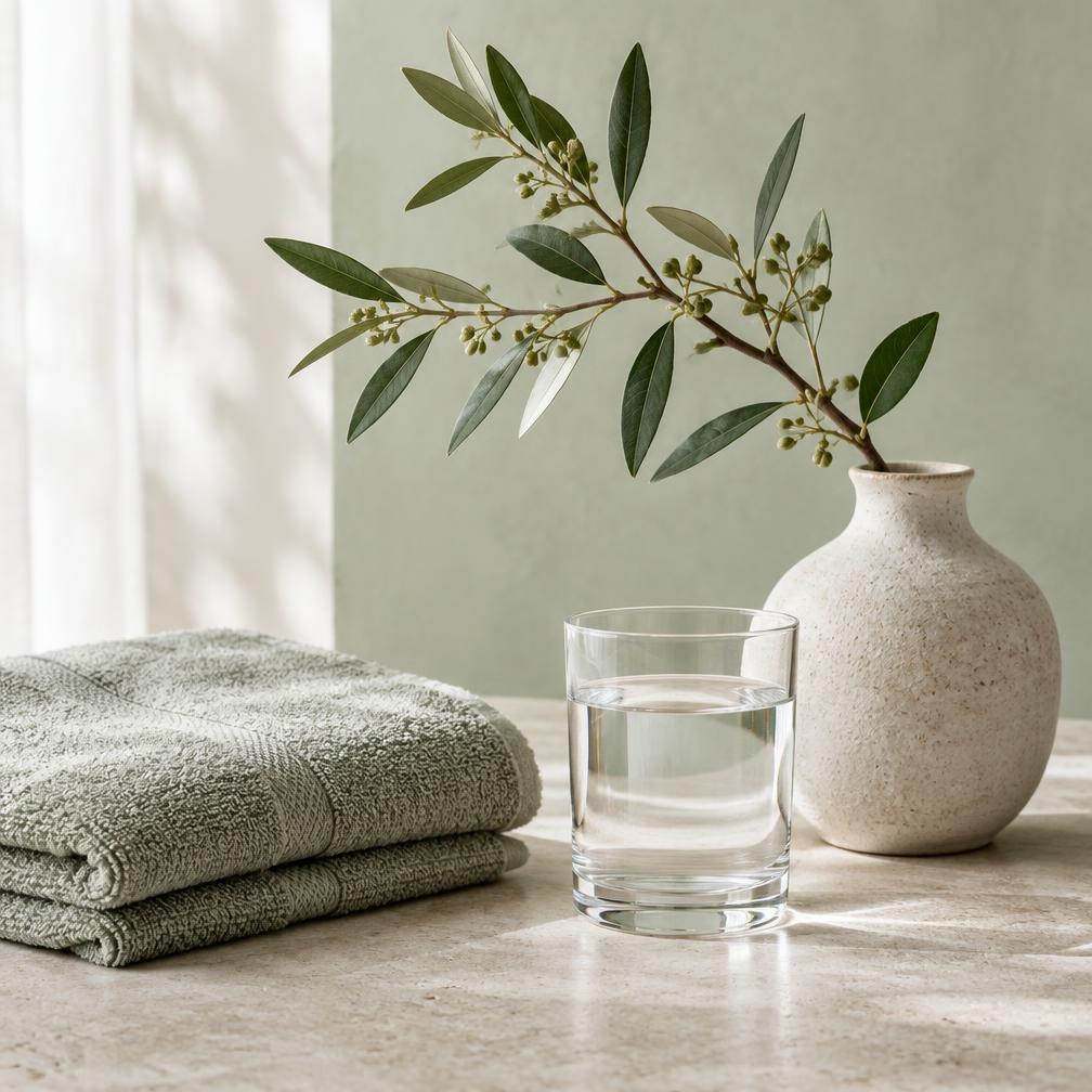 A folded towel, a glass of water, a ceramic vessel and a botanical branch