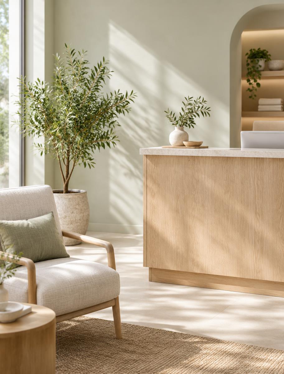 A calm reception corner with light oak furniture, a linen chair and a leafy plant