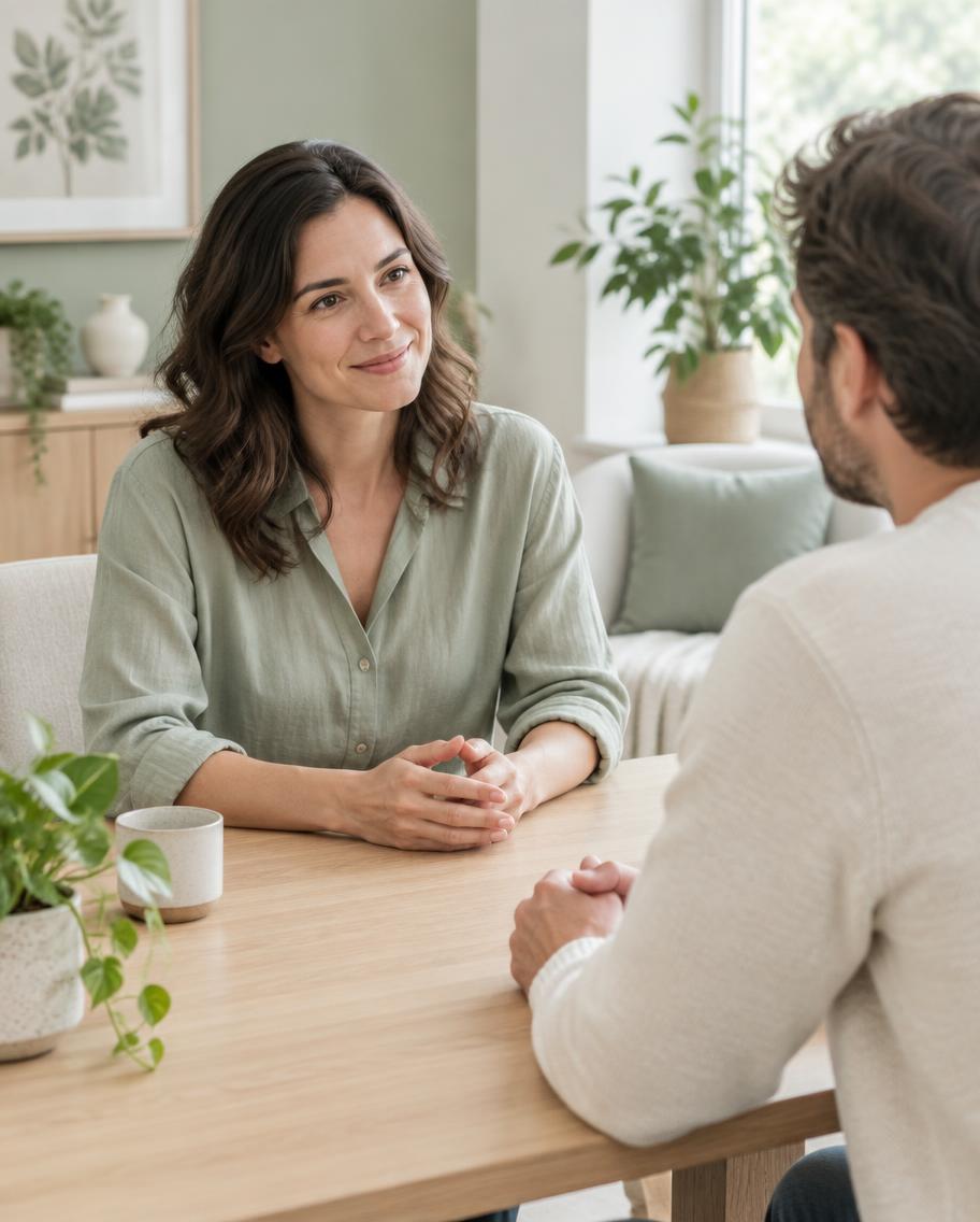 Two people in conversation across a light wooden table