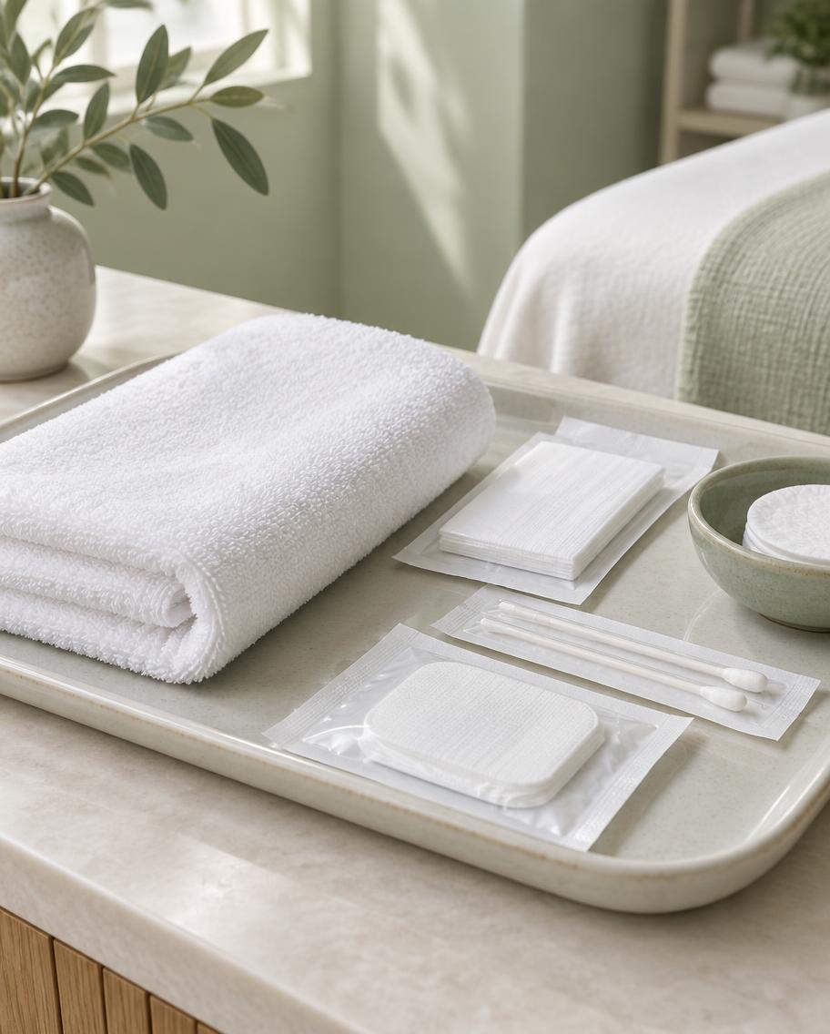 Folded towels and sealed unbranded supplies on a pale ceramic tray