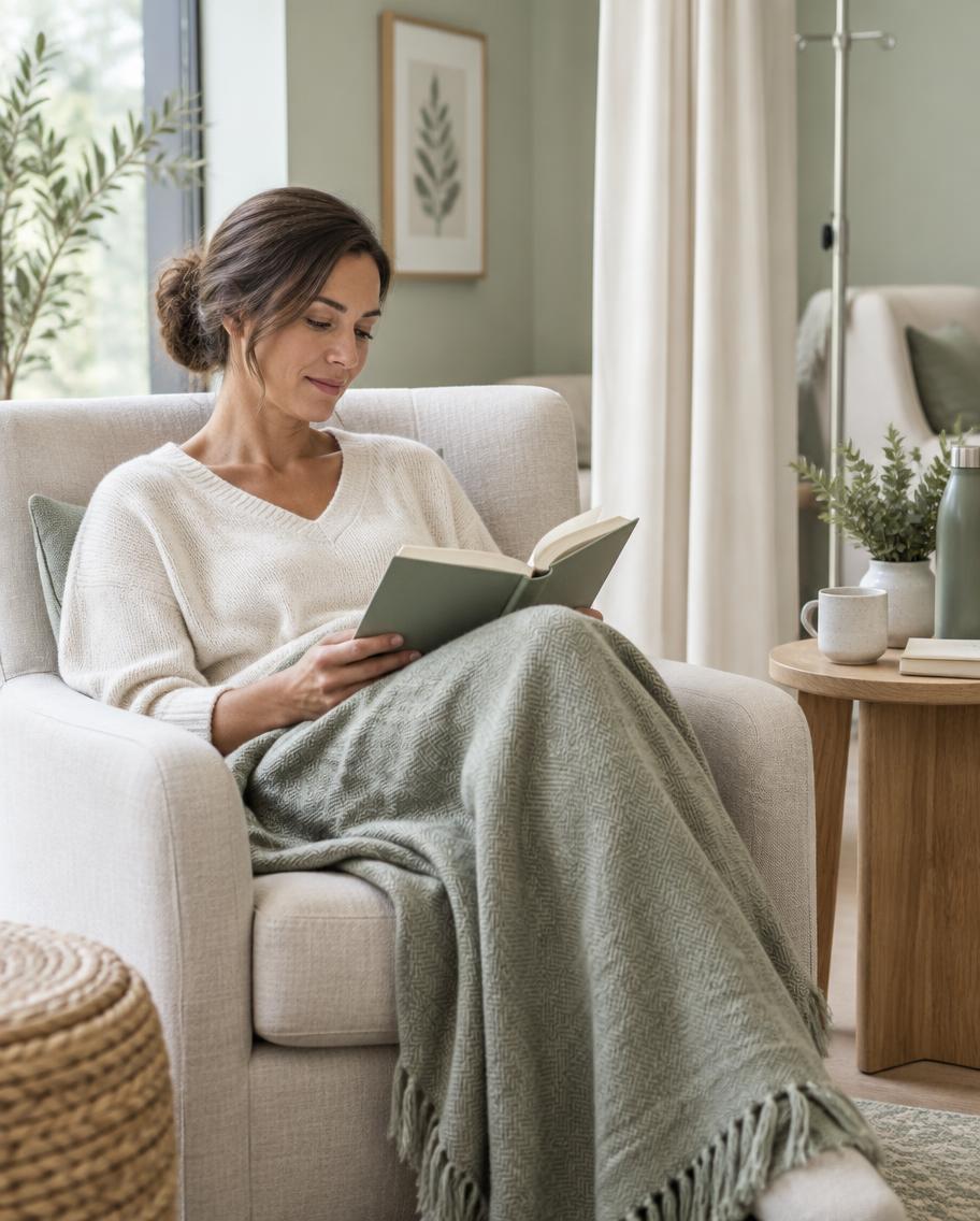 A person resting in a linen armchair in a calm, sunlit lounge